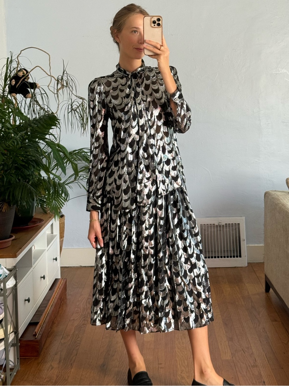 Michael Kors Black and Silver Metallic Patterned Maxi Skirt and Blouse Set